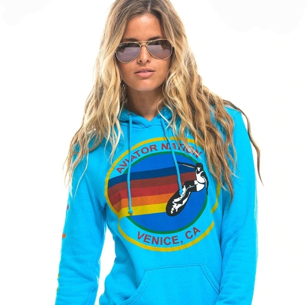 EUC! Rare Aviator Nation Pullover Hoodie in Neon Blue! Unisex Size Small!